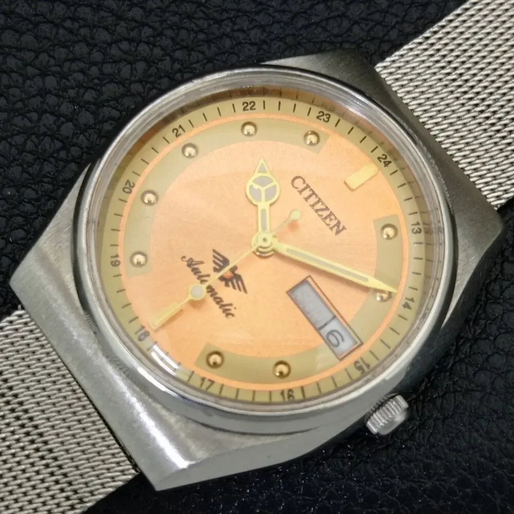 Vintage 1978 Citizen Automatic Mens Silver Watch W/daydate & Brown accents